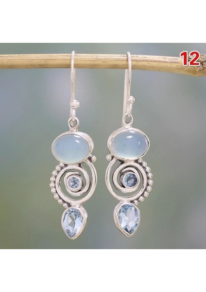 No.12 Boyutu Kadınlar Için Düğün Gelin Takı Hediye Vintage Gümüş Küpe Göktaşı Ametist Peridot Inci Asılı Küpe (Yurt Dışından)