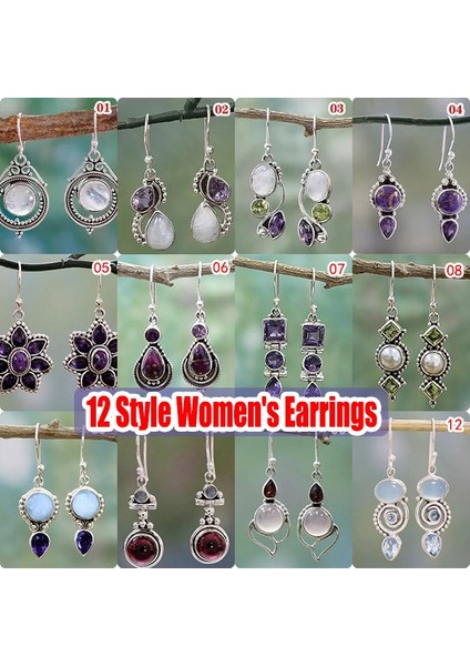 No.12 Boyutu Kadınlar Için Düğün Gelin Takı Hediye Vintage Gümüş Küpe Göktaşı Ametist Peridot Inci Asılı Küpe (Yurt Dışından) fiyatları