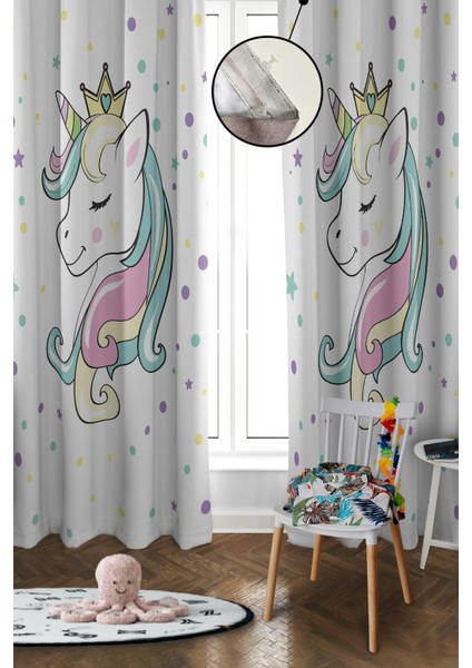 Dijital Baskı Yıkanabilir Unicorn Desenli 2 Kanat Bebek ve Çocuk Odası Fon Perdesi