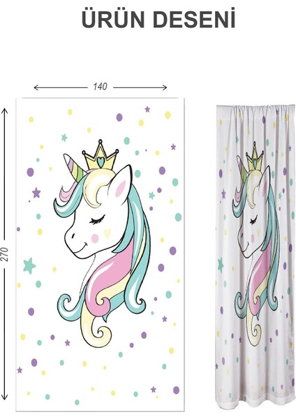 Dijital Baskı Yıkanabilir Unicorn Desenli 2 Kanat Bebek ve Çocuk Odası Fon Perdesi