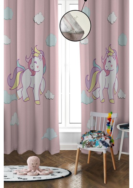 Dijital Baskı Yıkanabilir Unicorn Desenli 2 Kanat Bebek ve Çocuk Odası Fon Perdesi