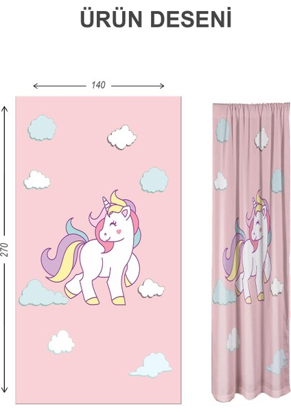 Dijital Baskı Yıkanabilir Unicorn Desenli 2 Kanat Bebek ve Çocuk Odası Fon Perdesi