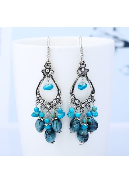 Mavi Stil Kadın Modası Vintage Ulusal Rüzgar Püsküllü Küpe Bohem Uzun Oymalı Çiçek Boncuklu Küpe Takı Hediyeler (Yurt Dışından)