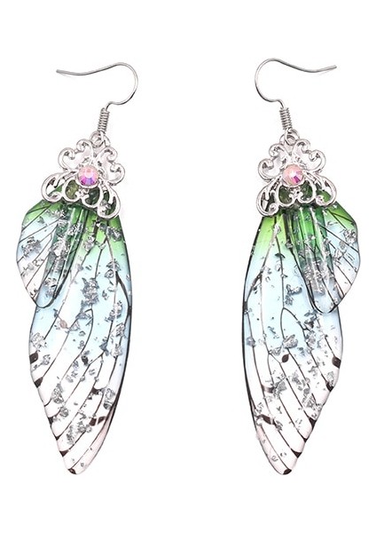 Gümüş Yeşil El Yapımı Peri Simülasyon Kanat Küpe Böcek Kelebek Kanatı Düşen Küpe Folyo Taşlı Küpe Romantik Gelin Takıları (Yurt Dışından)