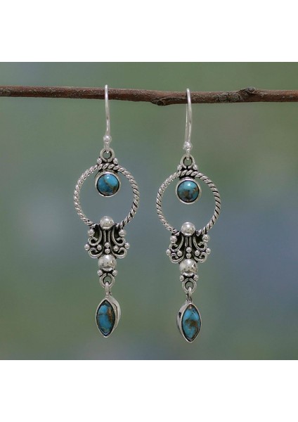 Gümüş Tarzı Vintage Kadınlar Gümüş Takı Saf Doğal Taş Turkuaz Taşlı Kolye Küpe Takı Parti Nişan Düğün Hediye (Yurt Dışından)