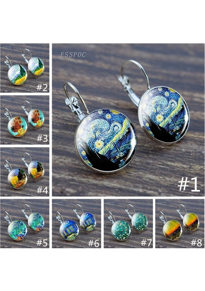 No.4 Boyutu Kadınlar Için Tibet Cam Cabochon Kanca Küpe Güneş Çiçeği Van Gogh Yıldızlı Gece Resmi Halka Küpe (Yurt Dışından)