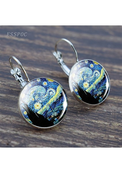 No.4 Boyutu Kadınlar Için Tibet Cam Cabochon Kanca Küpe Güneş Çiçeği Van Gogh Yıldızlı Gece Resmi Halka Küpe (Yurt Dışından)