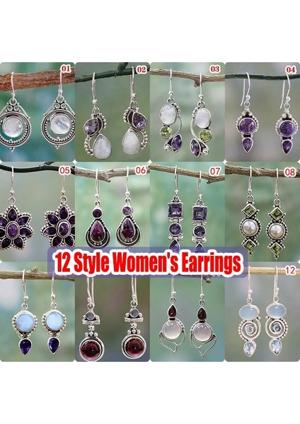 No.1 Boyutu Kadınlar Için Düğün Gelin Takı Hediye Vintage Gümüş Küpe Göktaşı Ametist Peridot Inci Asılı Küpe (Yurt Dışından)
