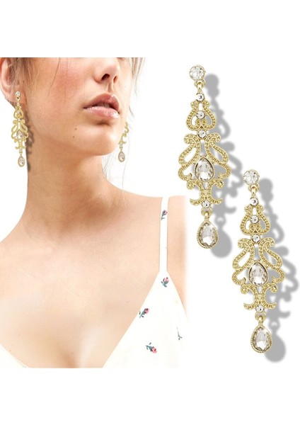 Altın Tarzı Art Deco Flapper Avusturya Kristal Gelin Gümüş Düşen Küpe Moda Şovu Şık Elbise (Yurt Dışından)