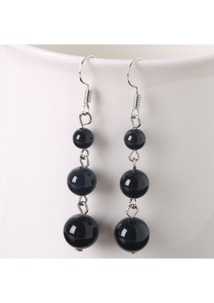 1 - Siyah Akik Kadınlar Için Doğal Kaplan Gözü Boncuk Taş Düşen Uzun Küpe Takı (Yurt Dışından)