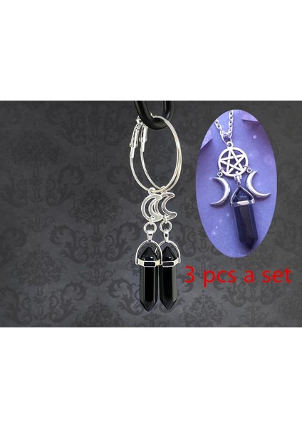 Siyah Stil Gümüş Ay ile Siyah Oniks Gotik Halka Küpe Kolye Seti - Gotik Küpeler, Büyülü Halka Küpeler, Göksel Küpeler, Wiccan Mücevher (Yurt Dışından)