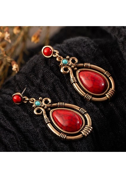 Kırmızı Stil Vintage Etnik Turkuaz Damlacıklı Küpe Su Damlası Doğa Kırmızı Taş Düğün Takı Süs Eşyaları Aksesuarları (Yurt Dışından) fiyatları