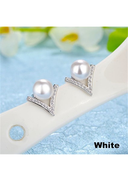 Beyaz Stil 1 Çift Kadın Gümüş Yaratıcı V Şekilli Üçgen Inci Küpe (Yurt Dışından)