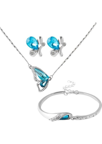 Mavi Stil Pembe Kelebek Kanatlı Takı Seti Moda Kolye Küpe Bilezik Kristal Takı Seti (Yurt Dışından)