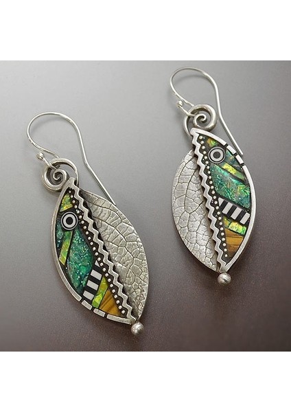 Gümüş Tarzı Kadın Modası Gümüş Uzun Dökümlü Soyut Iridiscent Yeşil Yaprak Küpeler (Yurt Dışından)