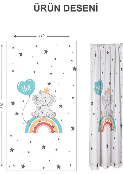 Dijital Baskı Yıkanabilir Gökkuşağı Fil Desenli 2 Kanat Bebek ve Çocuk Odası Fon Perdesi