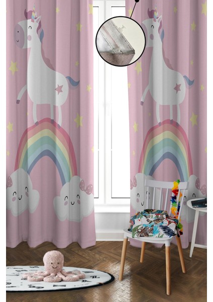 Dijital Baskı Yıkanabilir Unicorn Desenli 2 Kanat Bebek ve Çocuk Odası Fon Perdesi