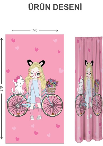 Dijital Baskı Yıkanabilir Kedi ve Kız Desenli 2 Kanat Bebek ve Çocuk Odası Fon Perdesi