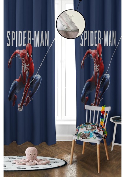 Dijital Baskı Yıkanabilir Spiderman Desenli 2 Kanat Bebek ve Çocuk Odası Fon Perdesi