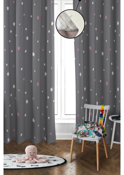 Dijital Baskı Yıkanabilir Yıldız Desenli 2 Kanat Bebek ve Çocuk Odası Fon Perdesi