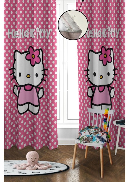 Dijital Baskı Yıkanabilir Hello Kitty Desenli 2 Kanat Bebek ve Çocuk Odası Fon Perdesi