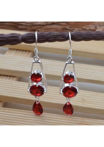 Kırmızı Stil Yeni Moda Gümüş Takı Granat Kristal Küpe N-412 (Yurt Dışından)