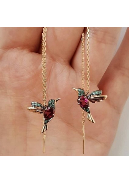 Kırmızı Kadınlar Için Zarif Kuşlu Kristal Damla Küpe Uzun Süslü Küpe Romantik Taşlı Düğün Takı (Yurt Dışından)