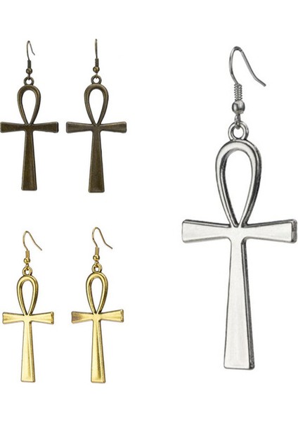 Bronz Tarzı Gümüşbronzaltın Ankh Küpeler - Büyük Açıklayıcı Art Deco Mücevher - Antik Mısır, Kleopatra, Seksenler, Retro & Vintage, Podyum, Kostüm (Yurt Dışından) modelleri