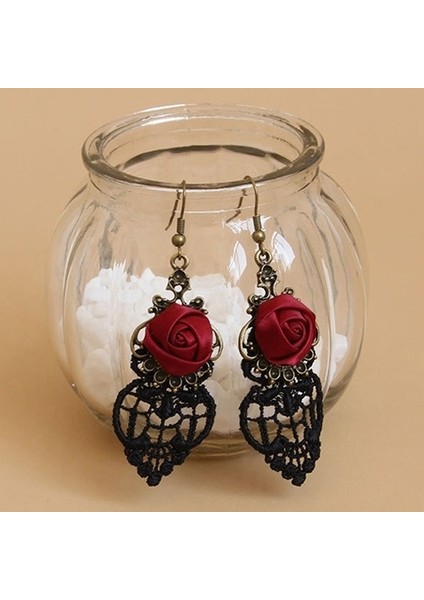 Bir 1 Çift Vintage Gotik Vampir Cadılar Bayramı Siyah Dantel Kırmızı Çiçekli Dangle Küpe (Yurt Dışından)