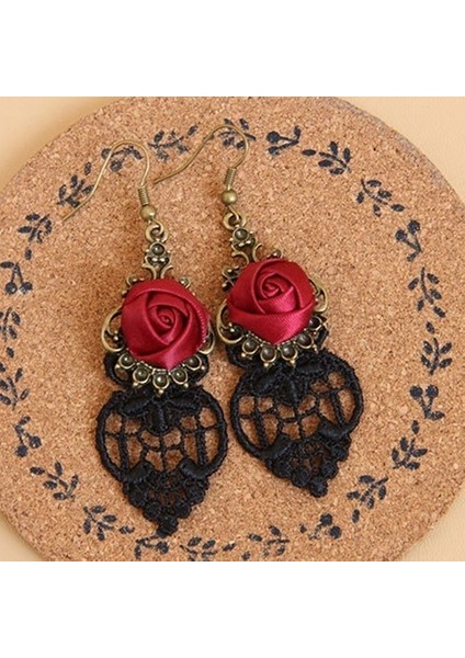 Bir 1 Çift Vintage Gotik Vampir Cadılar Bayramı Siyah Dantel Kırmızı Çiçekli Dangle Küpe (Yurt Dışından) modelleri