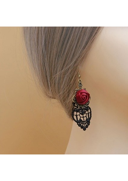 Bir 1 Çift Vintage Gotik Vampir Cadılar Bayramı Siyah Dantel Kırmızı Çiçekli Dangle Küpe (Yurt Dışından) fırsatları