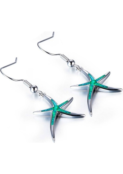 Yeşil Stil Kadın Kızlar Için Moda Zarif Beş Köşeli Yıldız Ateş Opal Küpe Gümüş Küpe (Yurt Dışından)