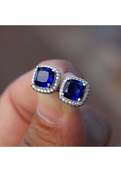 Mavi Stil 925 Ayar Gümüş 7mm Prenses Kare Kesim Safir Topaz Ametist Zümrüt Puset Küpe Doğum Taşı Kristal Pençe Küpe Vida Geri Küpe (Yurt Dışından)