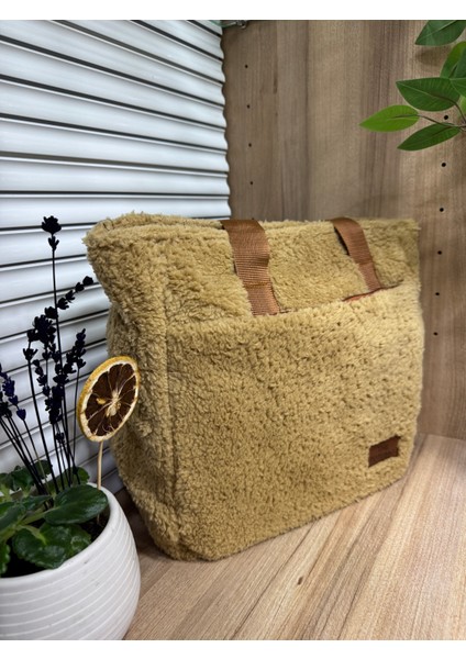 Kadın Peluş Tüylü Salaş Çanta Pofuduk The Tote Bag Yazılı El ve Omuz Çantası