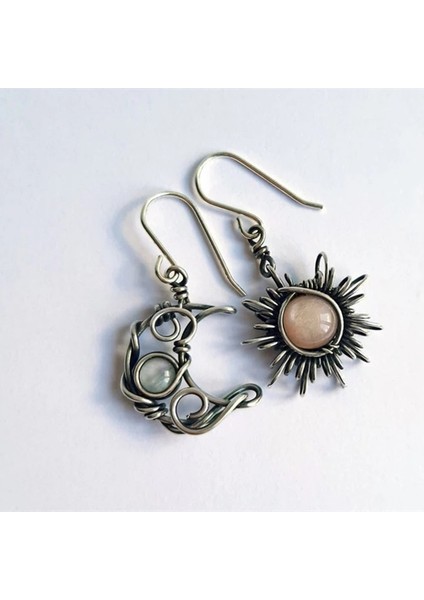 Gümüş Tarzı Bohemia Güneş ve Ay Küpe Gümüş Kristal Damlalı Küpeler Kadın Kadın Boho Moda Takı Hediye (Yurt Dışından)