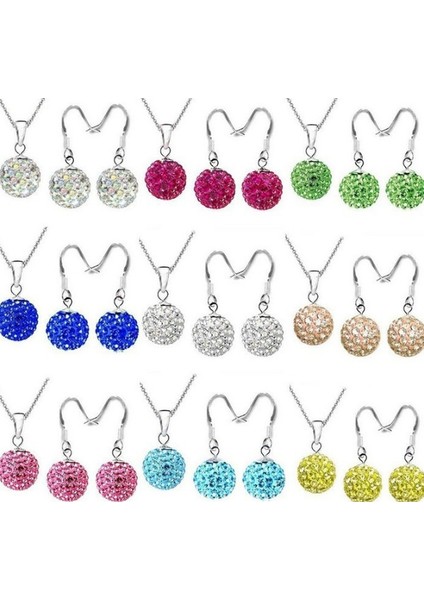 Pembe Tarzı 10MM Tam Kristal Top Kolye Gümüş Kaplama O Tipi Zincir Küpe Takı Seti Mavi, Açık Mavi, Beyaz, Pembe, Altın, Kırmızı, Sarı, Çok Renkli (Yurt Dışından)
