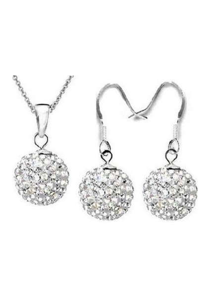 Pembe Tarzı 10MM Tam Kristal Top Kolye Gümüş Kaplama O Tipi Zincir Küpe Takı Seti Mavi, Açık Mavi, Beyaz, Pembe, Altın, Kırmızı, Sarı, Çok Renkli (Yurt Dışından)