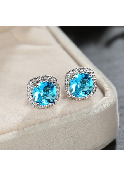 Aqua Mavi Tarzı 925 Ayar Gümüş 7mm Prenses Kare Kesim Safir Topaz Ametist Zümrüt Puset Küpe Doğum Taşı Kristal Pençe Küpe Vida Geri Küpe (Yurt Dışından)