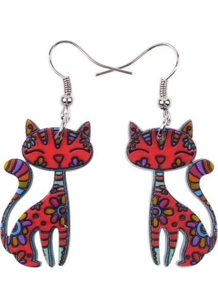 Kırmızı Stil Kadın Kız Genç Kedili Çiçekli Akrilik Kedi Kedi Küpe Düşen Kolye Takı Hayvan Mücevher Süs Dekorasyon Parti Hediye Alışveriş Şık Aksesuarlar (Yurt Dışından)