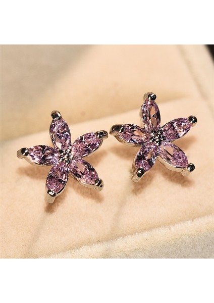 Pembe Tarzı Güzel Gümüş Beş Köşeli Yıldız Pembe Safir Taşlı Küpe Basit Pentagram Küpe Düğün Parti Takı Hediyesi (Yurt Dışından)