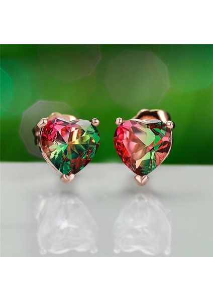Kırmızı ve Yeşil Tarzı Şık 1.25CT Kalp Kesim Iki Renkli Kavun Kırmızı Yeşil Turmalin Doğal Taş Küpe 18K Gül Altın Gelin Düğün Takı Hediye (Yurt Dışından)