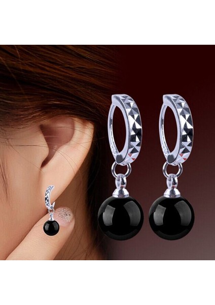 925 Ayar Gümüş Doğal Siyah Akik Düşen Halka Küpe Kadın Hediye (Yurt Dışından)