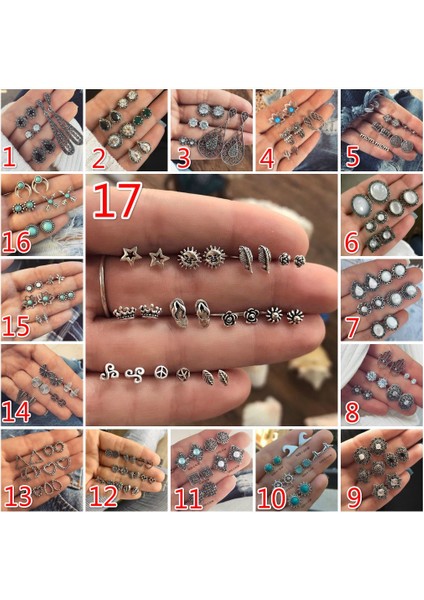 No.6 Boyutu 17 Stil Bohemia Vintage Yuvarlak Kristal Küpe Seti Beyan Antik Gümüş Küpe Seti Şıklık Kadın Parti Takı Bijuteri (Yurt Dışından) modelleri