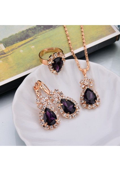 Mor Tarzı Sıcak 1 Takım Romantik Çekicilik Zarif Damlataş Kristal Taşlı Metal Kolye Altın Kaplama Zincir Küpe Yüzük Kadın Takı Setleri Moda Aksesuarları Çoklu Renk Seçenekleri (Yurt Dışından)