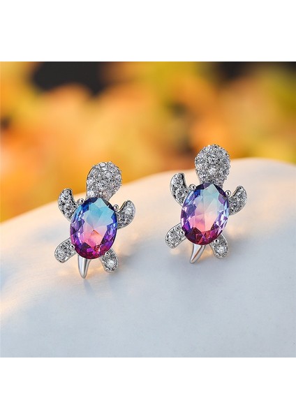 Kraliyet ve Mavi Tarzı Kadınlar Için Mavi Mor Oval Gradyan Zirkon Gökkuşağı Taş Deniz Kaplumbağası Küpe (Yurt Dışından)