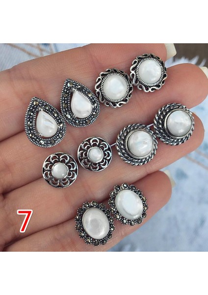 No.7 Boyutu 17 Stil Bohemia Vintage Yuvarlak Kristal Küpe Seti Beyan Antik Gümüş Küpe Seti Şıklık Kadın Parti Takı Bijuteri (Yurt Dışından)