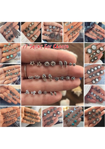 No.7 Boyutu 17 Stil Bohemia Vintage Yuvarlak Kristal Küpe Seti Beyan Antik Gümüş Küpe Seti Şıklık Kadın Parti Takı Bijuteri (Yurt Dışından) fiyatları