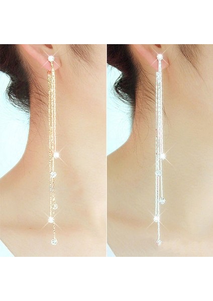 Beyaz Altın Tarzı Kadın Lineer Uzun Püsküllü Elmas Taşlı Asma Parti Küpe Takı (Yurt Dışından)