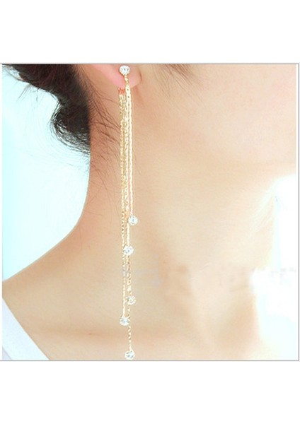 Beyaz Altın Tarzı Kadın Lineer Uzun Püsküllü Elmas Taşlı Asma Parti Küpe Takı (Yurt Dışından) modelleri