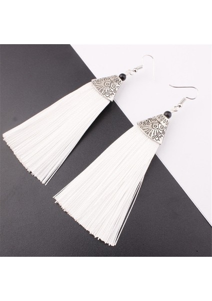 Beyaz Stil Vintage Etnik Uzun Püsküllü Küpe (Yurt Dışından)